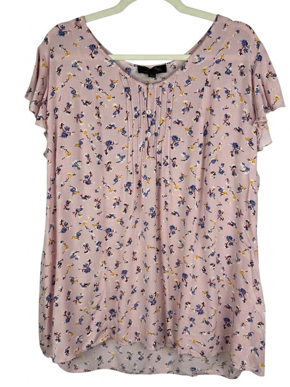 Suzanne Betro Casual Pink Ditsy Floral Flutter Sleeve Henley Pintuck Top 2X